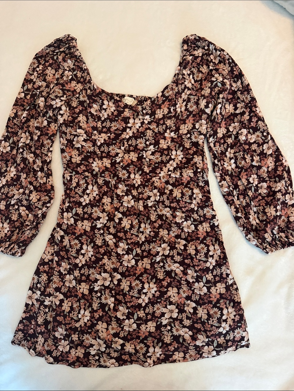 Altar'd State Brown Floral Long-Sleeve Square-Neck Mini Dress